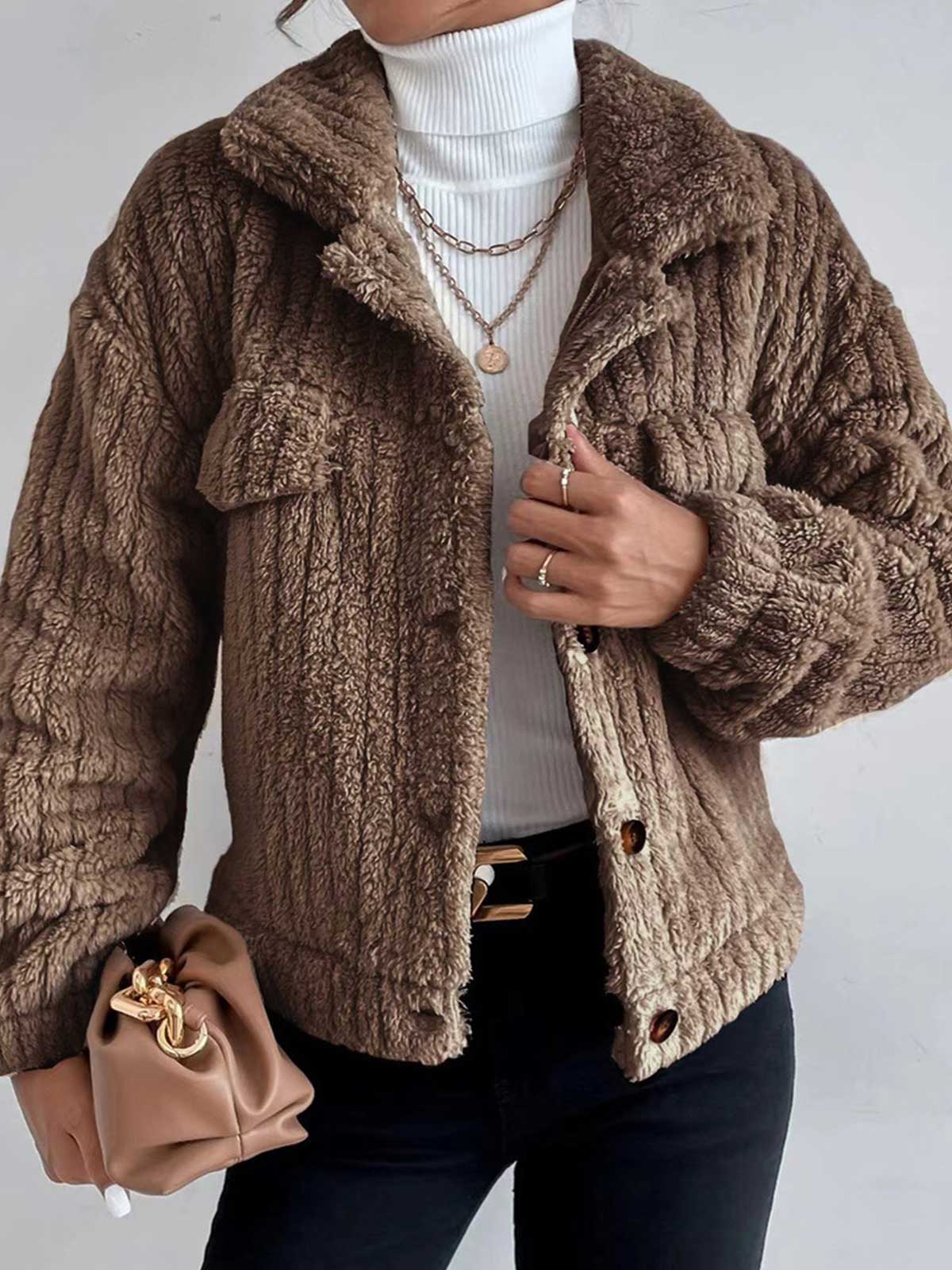 Fluffy Fleece Lapel Button Down Jacket