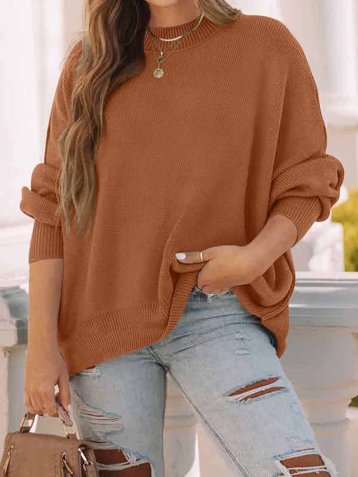 Side Slit Knit Balloon Sleeve Sweater