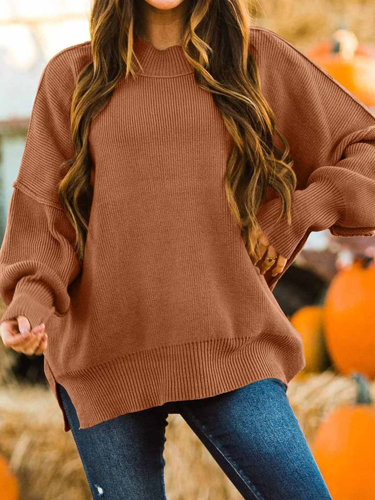 Side Slit Knit Balloon Sleeve Sweater