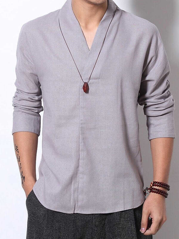 V-neck Solid Color Linen Sleeve Shirt