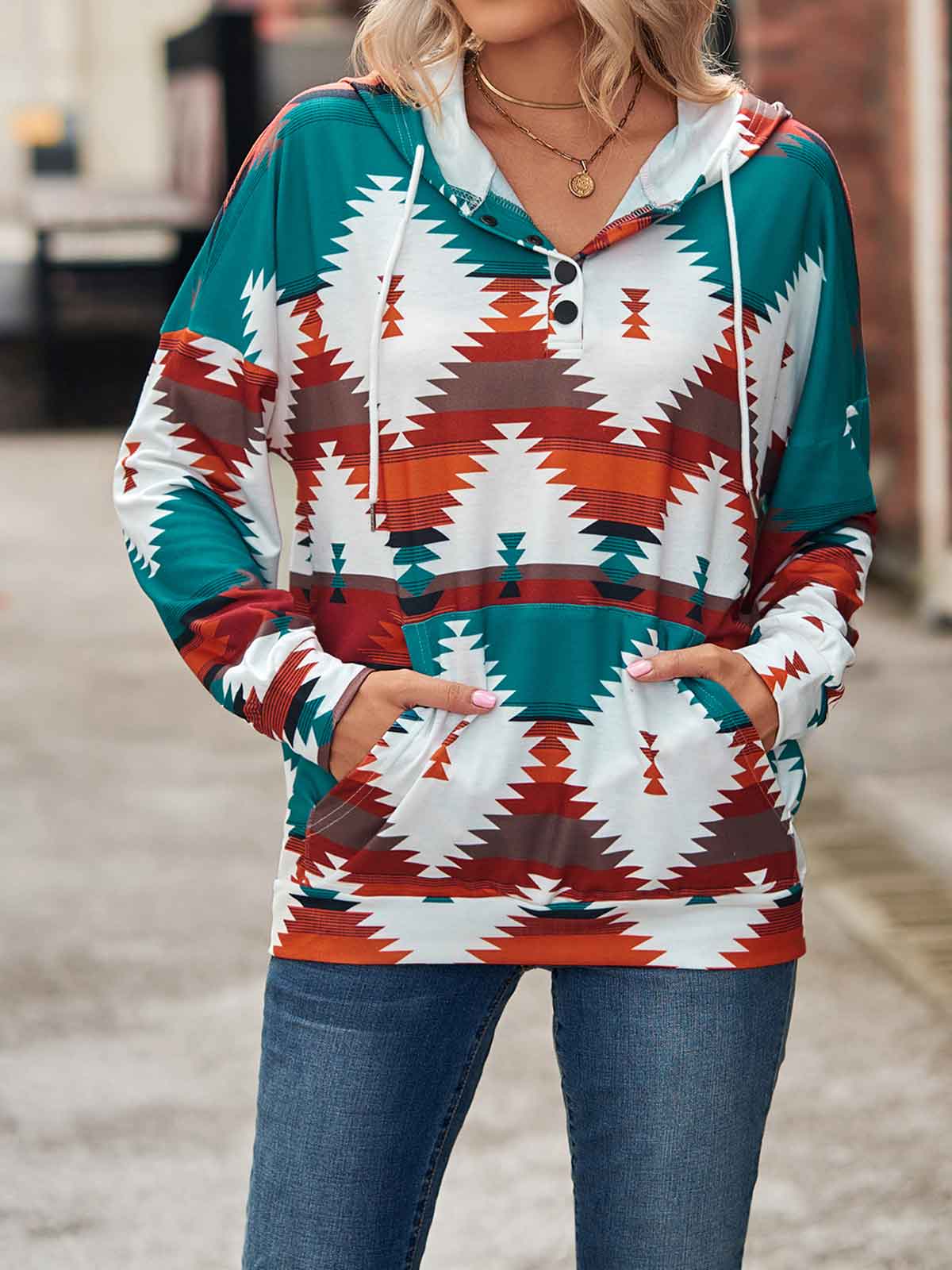 Geometric Print Hoodie with Pockets