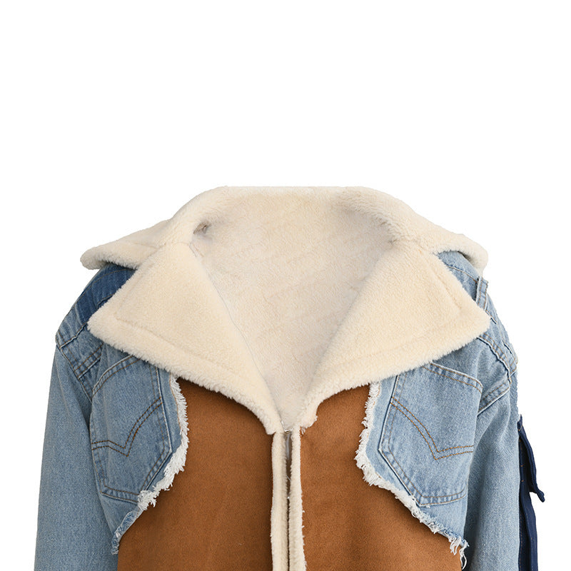 Turn-down Collar Patchwork Denim Woolen Coat