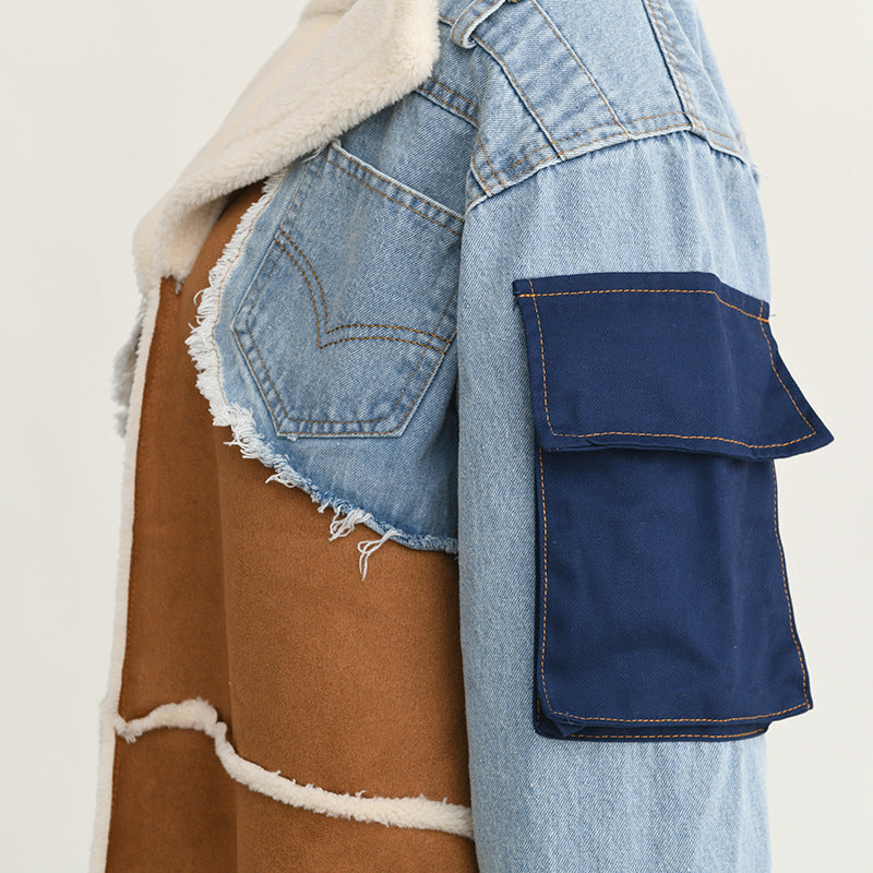 Turn-down Collar Patchwork Denim Woolen Coat