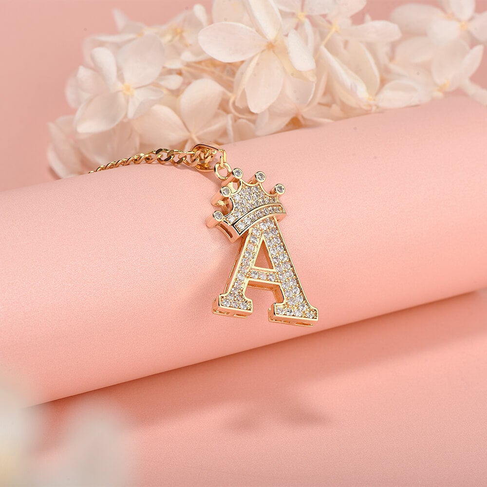 Crown Letter Pendant Personalized Custom Gold Plated Initial Necklace