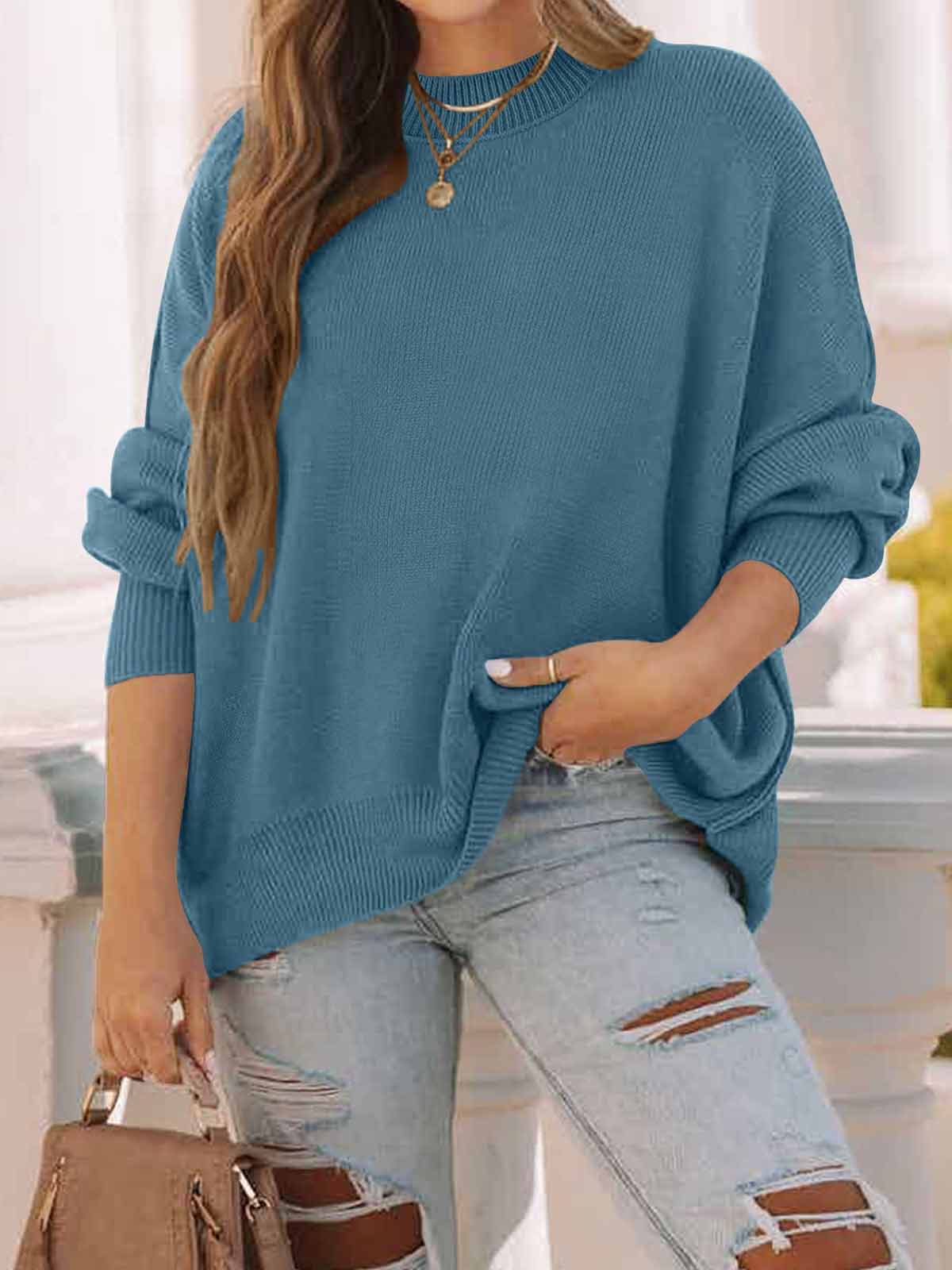 Side Slit Knit Balloon Sleeve Sweater