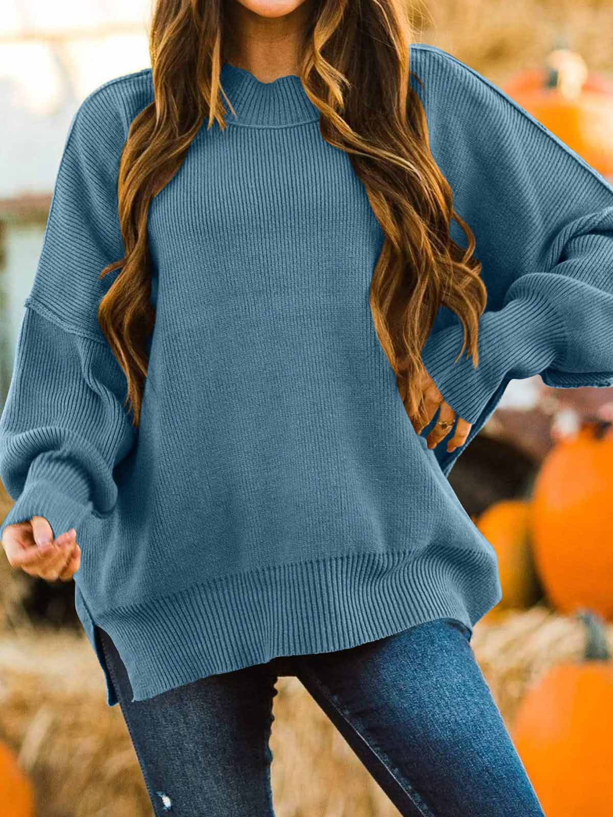 Side Slit Knit Balloon Sleeve Sweater