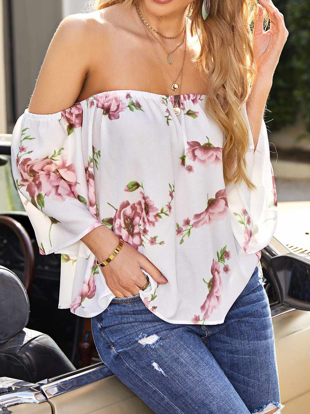 Off Shoulder Floral Print Tops