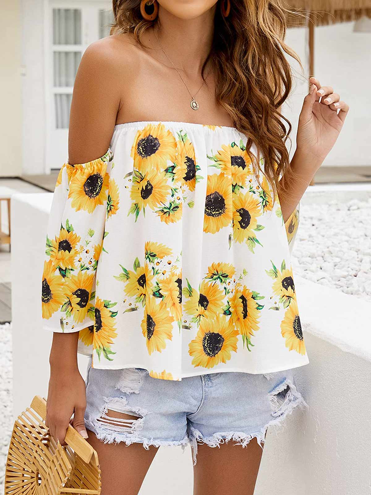 Off Shoulder Floral Print Tops