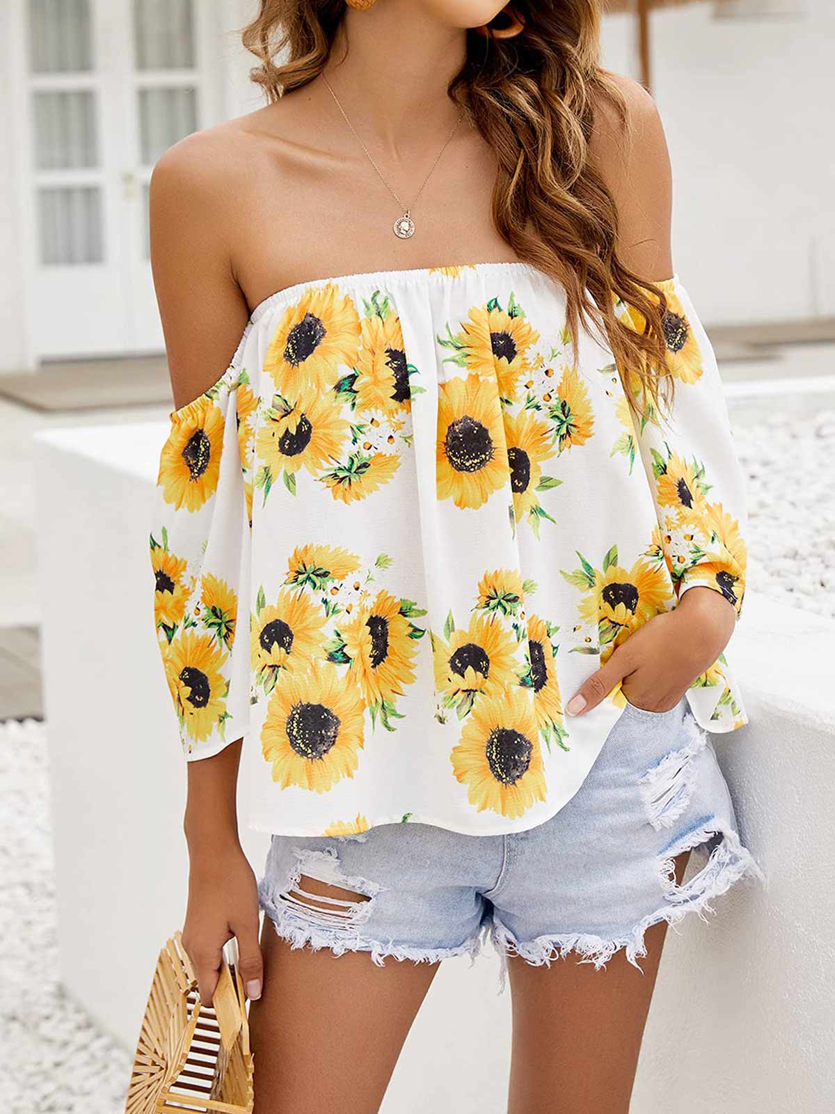 Off Shoulder Floral Print Tops