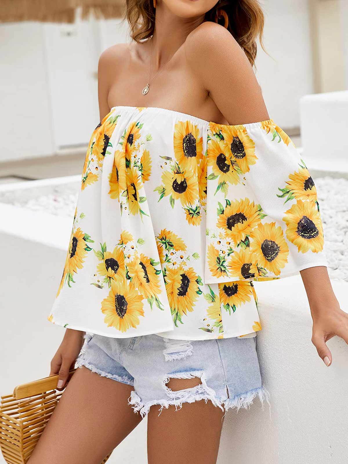 Off Shoulder Floral Print Tops