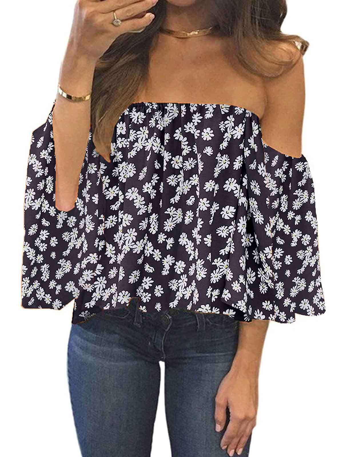 Off Shoulder Floral Print Tops