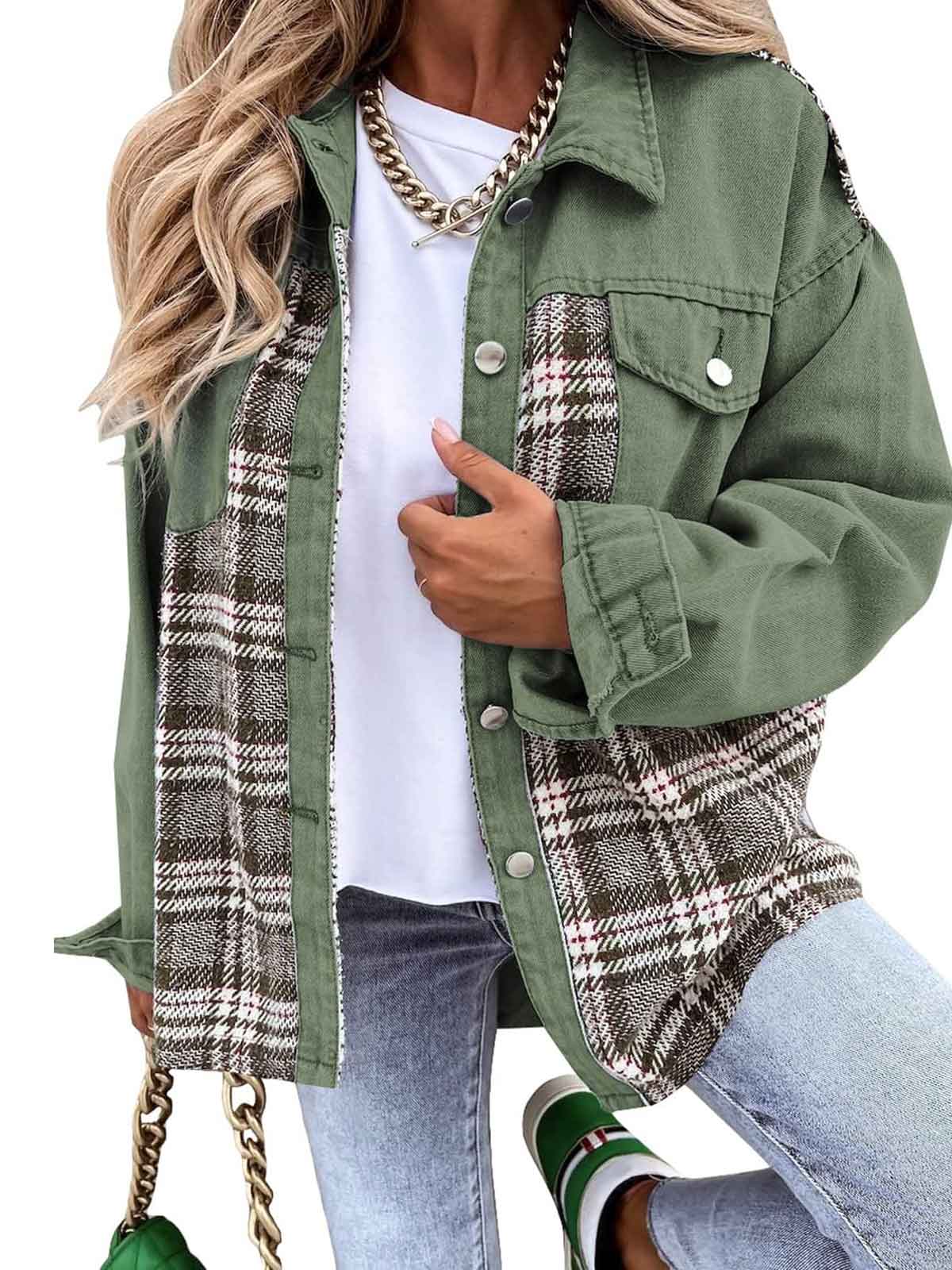 Plaid Button Down Denim Jacket