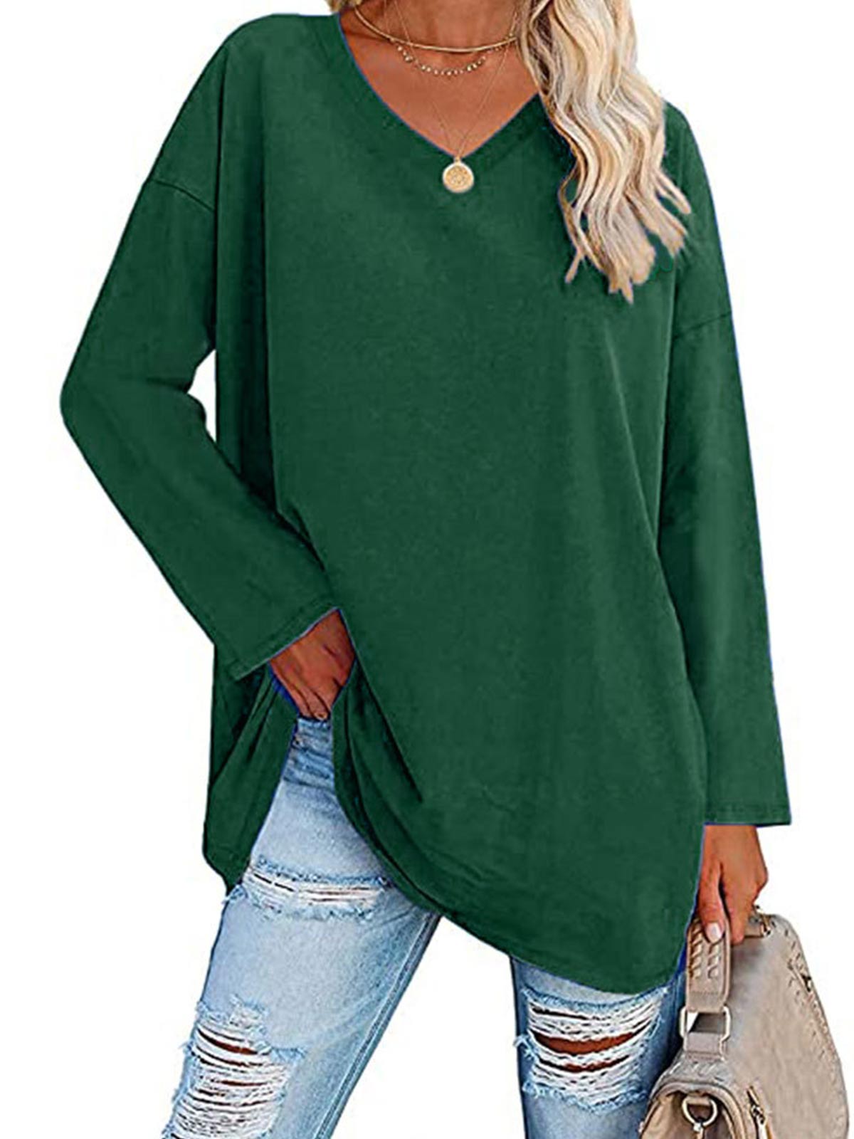 Casual V-neck Plain Tops