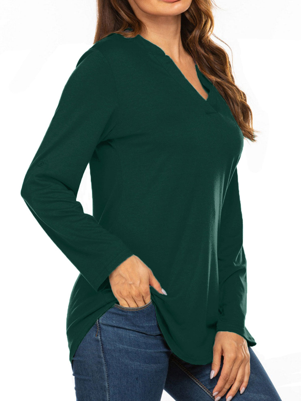 3/4 Sleeve Plain V Neck Tops