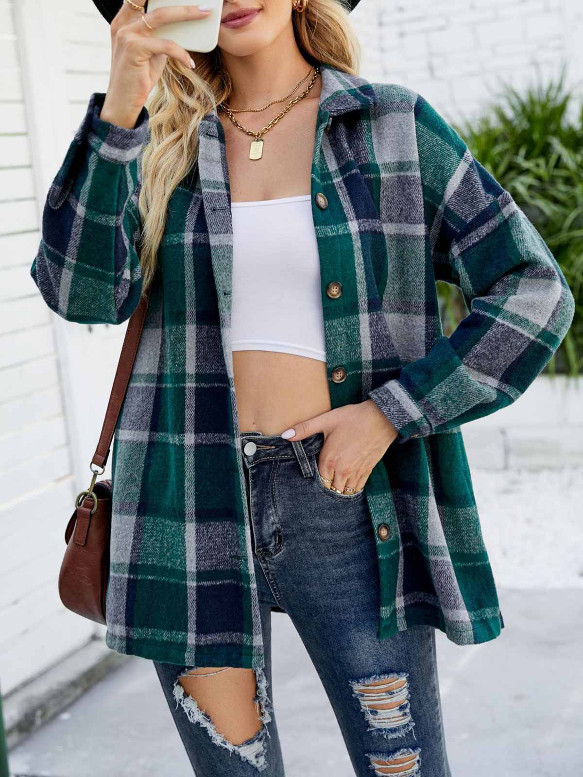 Wool Blend Plaid Button Down Jacket