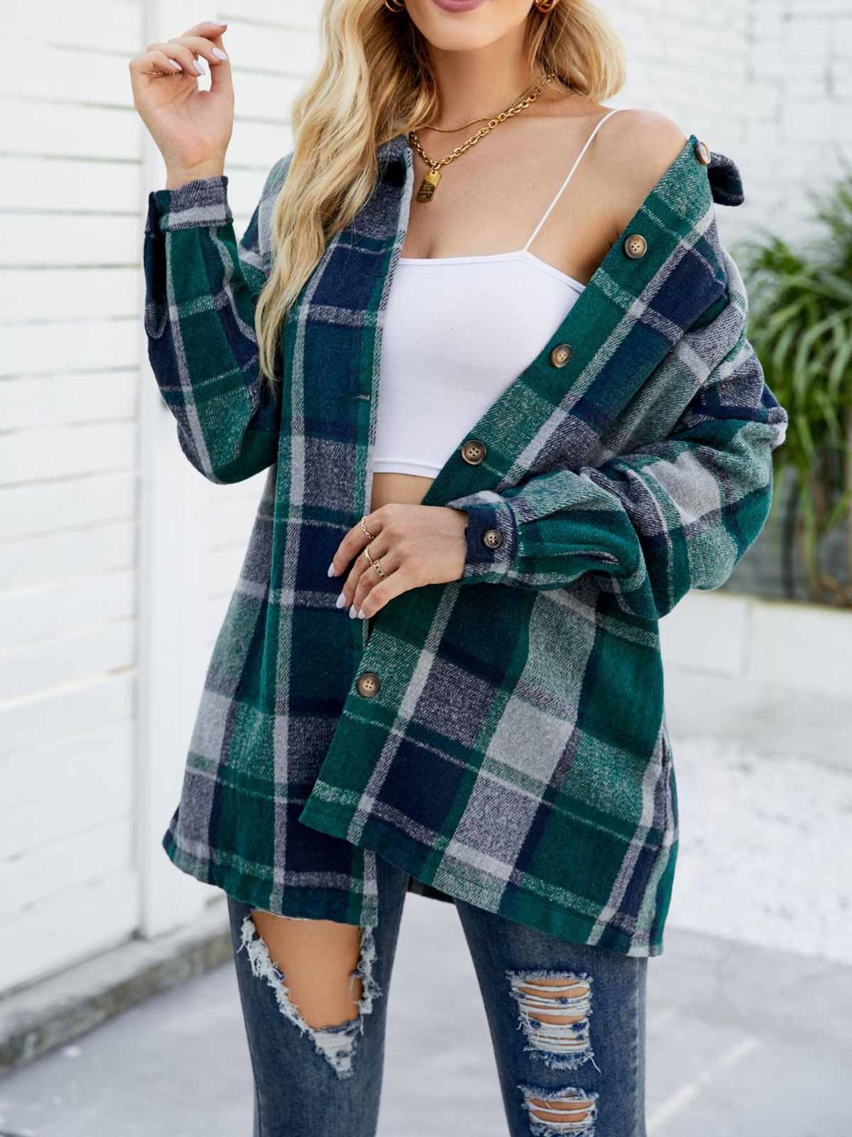 Wool Blend Plaid Button Down Jacket