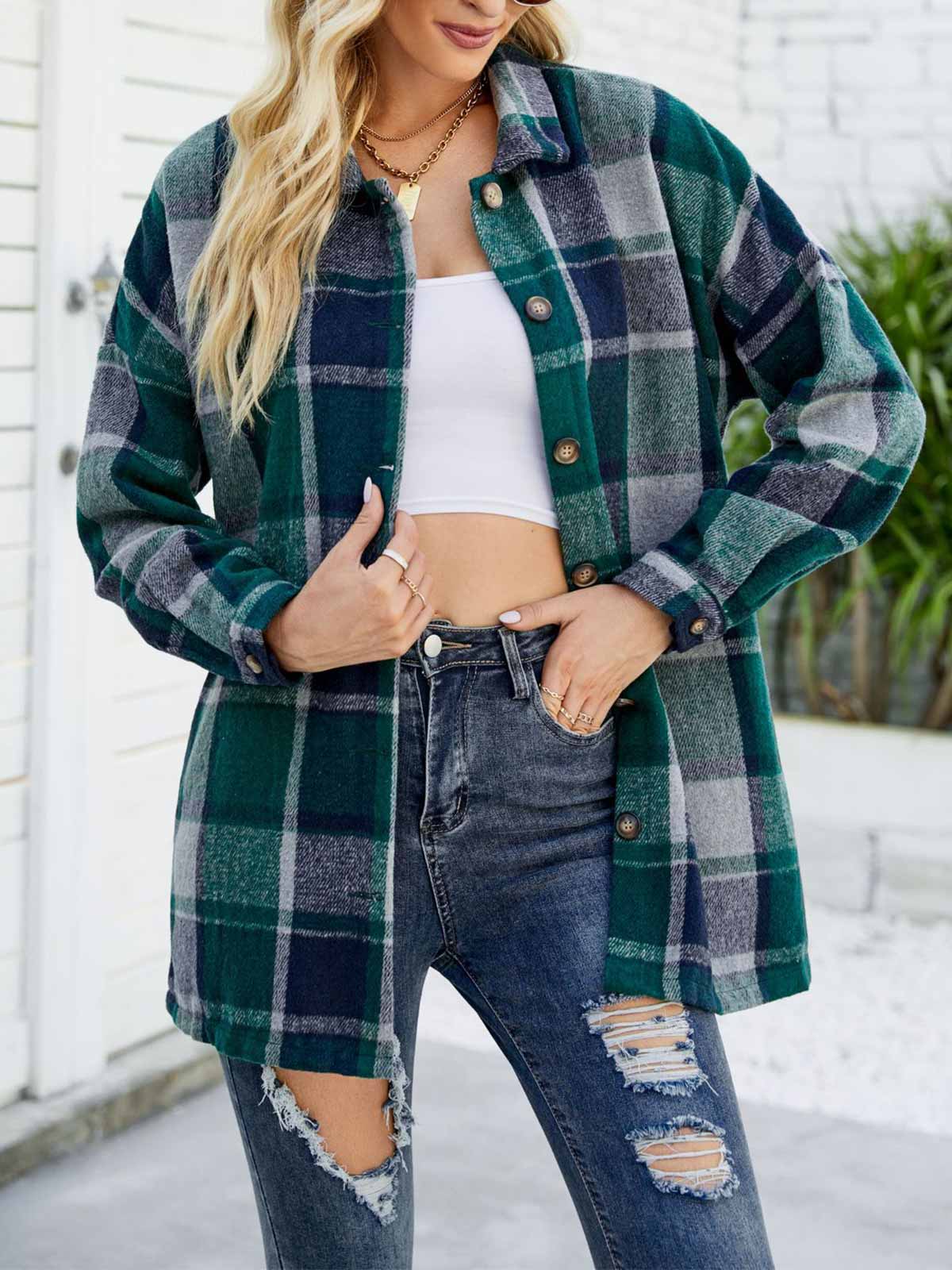 Wool Blend Plaid Button Down Jacket