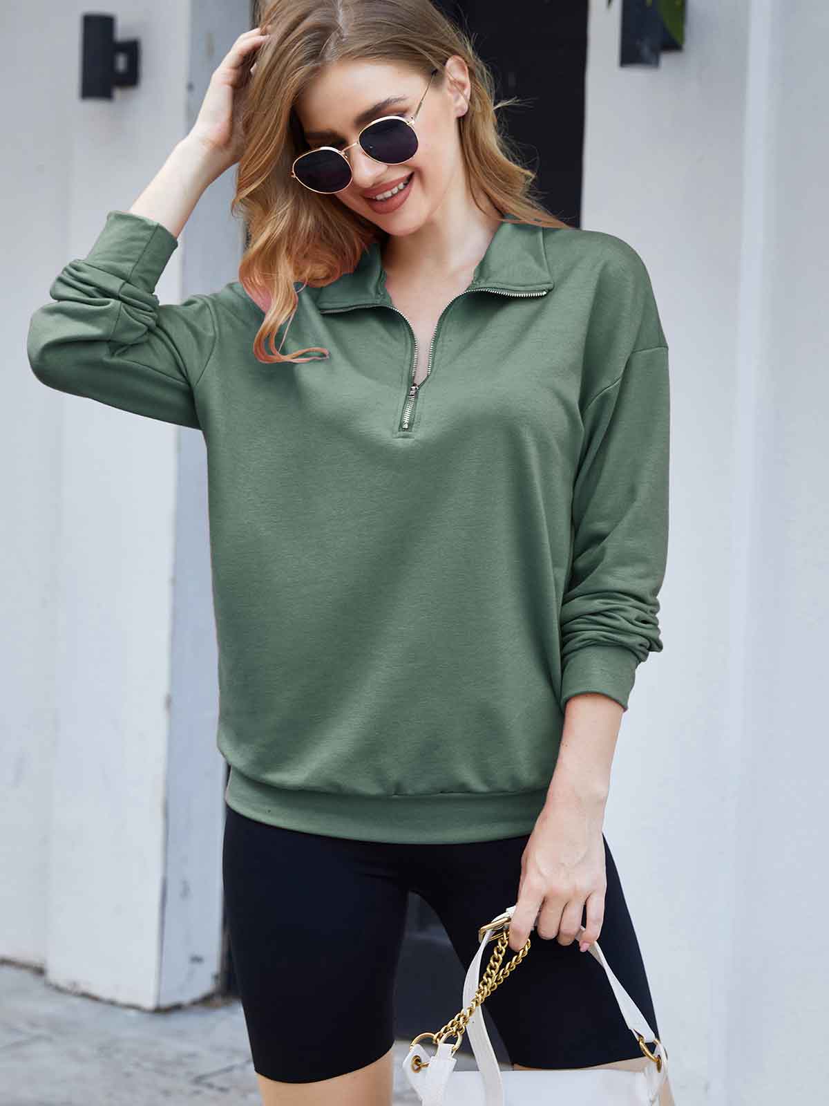 1/4 Lapel Zipper Solid Pullover Sweatshirt