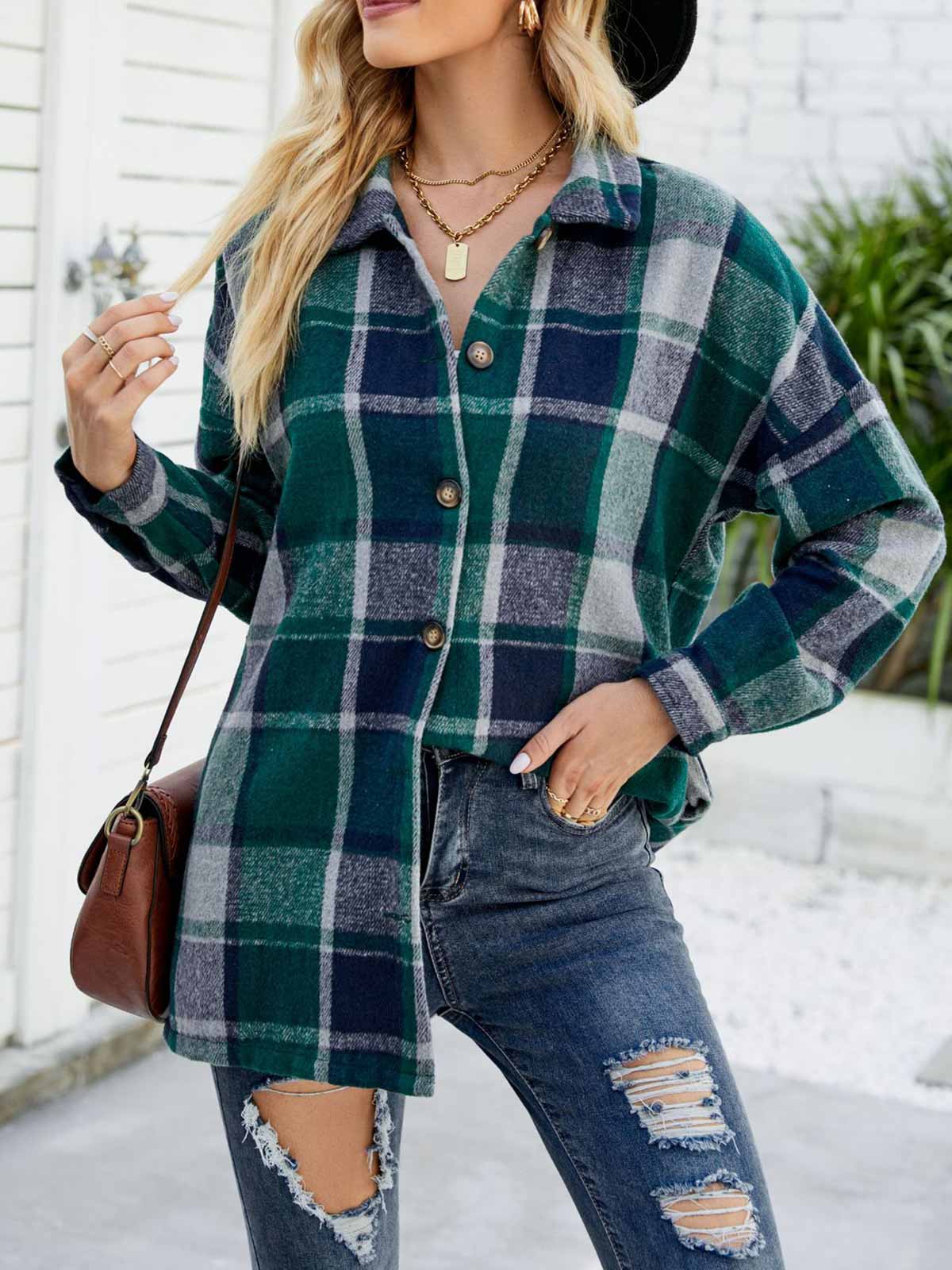 Wool Blend Plaid Button Down Jacket