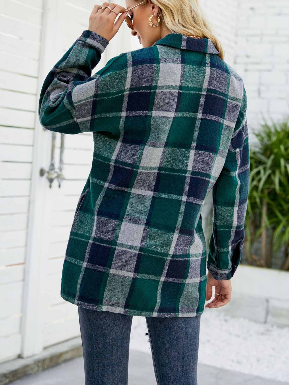 Wool Blend Plaid Button Down Jacket