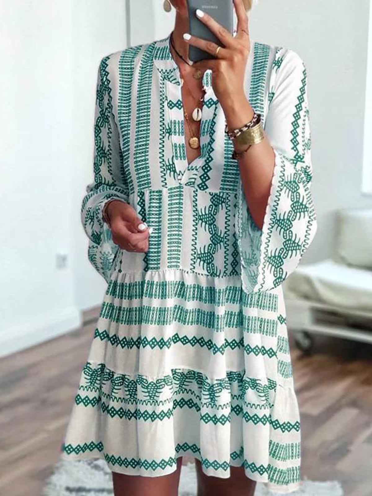 Bohemian V-neck Bell Sleeve Mini Dress