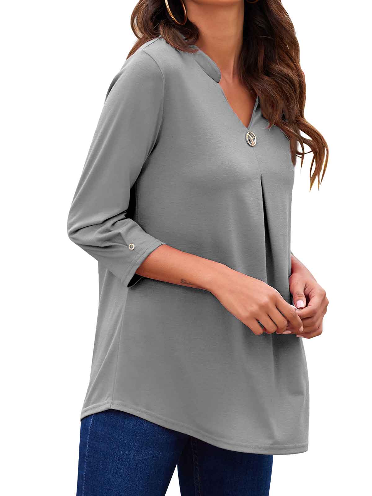 3/4 Sleeve Pleated Plain Tops