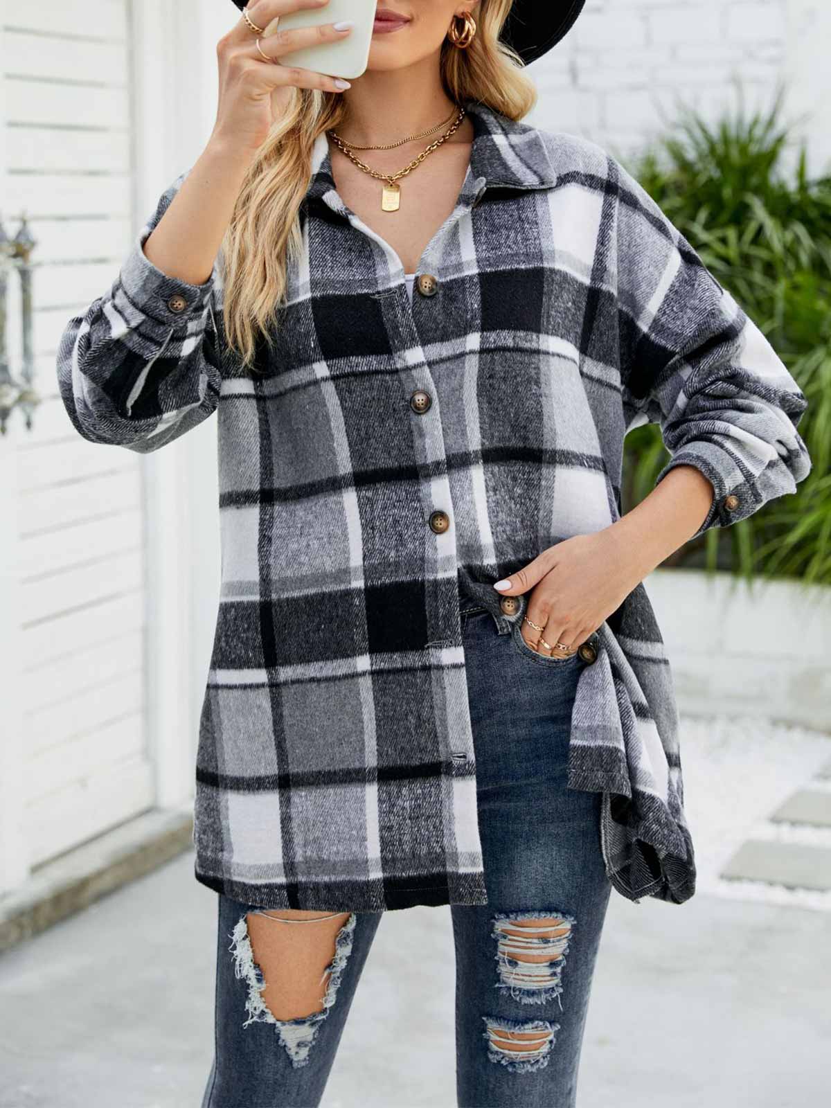 Wool Blend Plaid Button Down Jacket