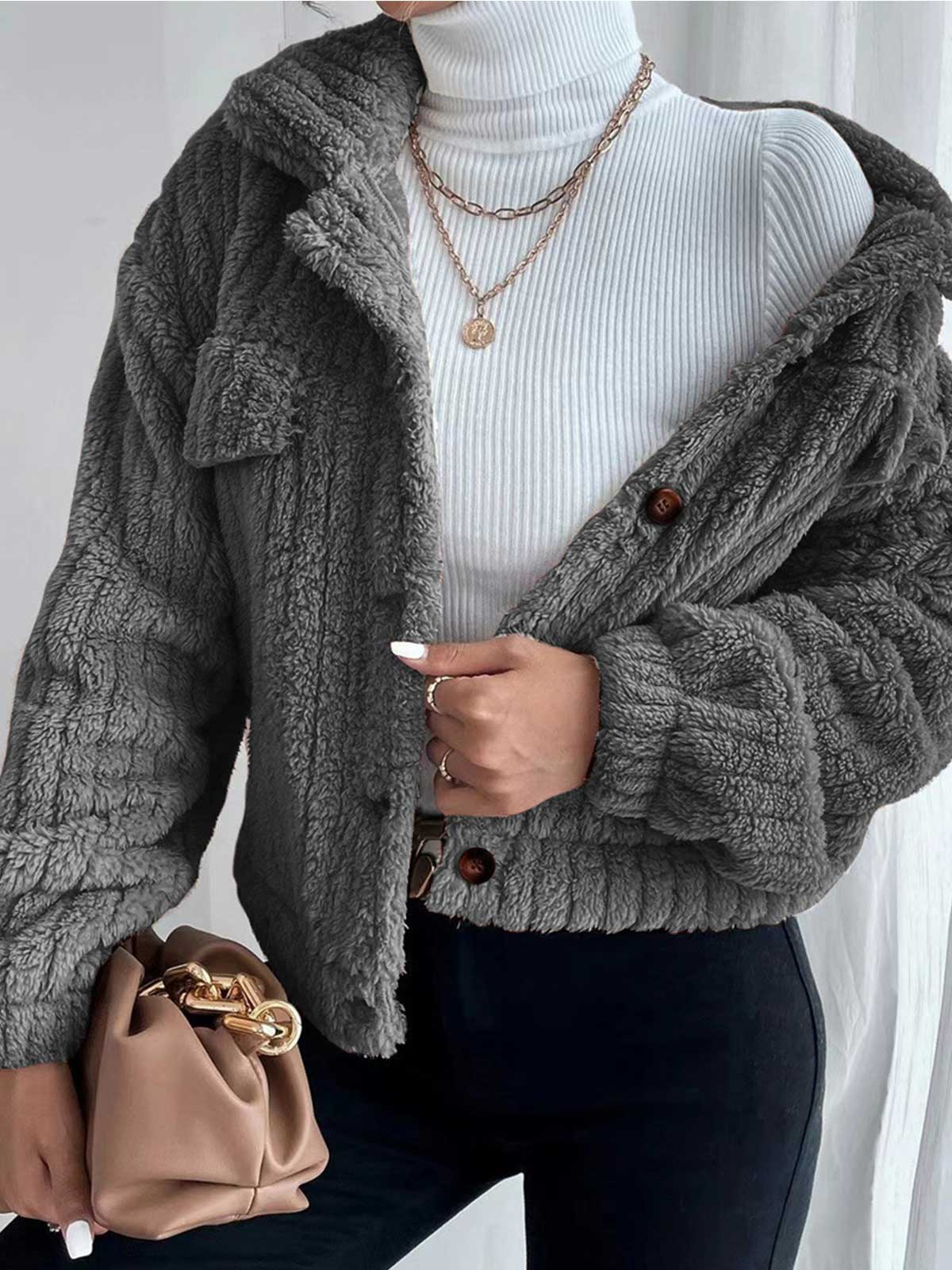 Fluffy Fleece Lapel Button Down Jacket