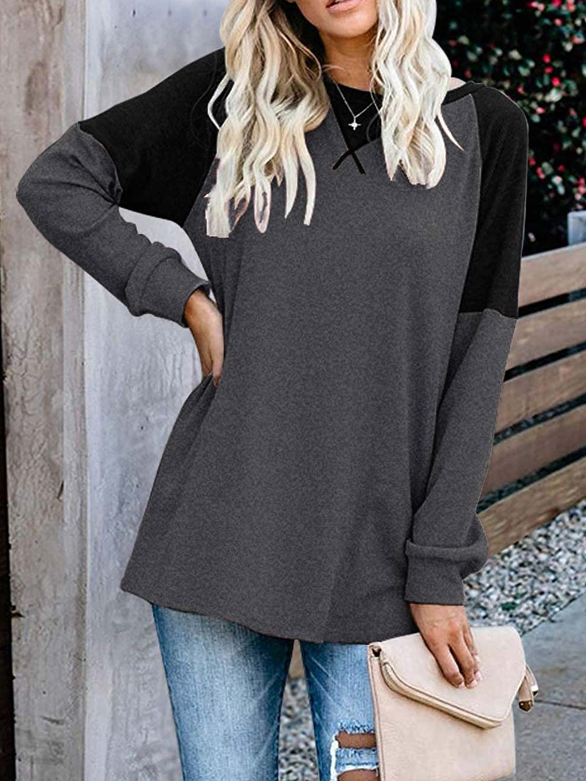 Khaki Colorblock Long Sleeve Tops