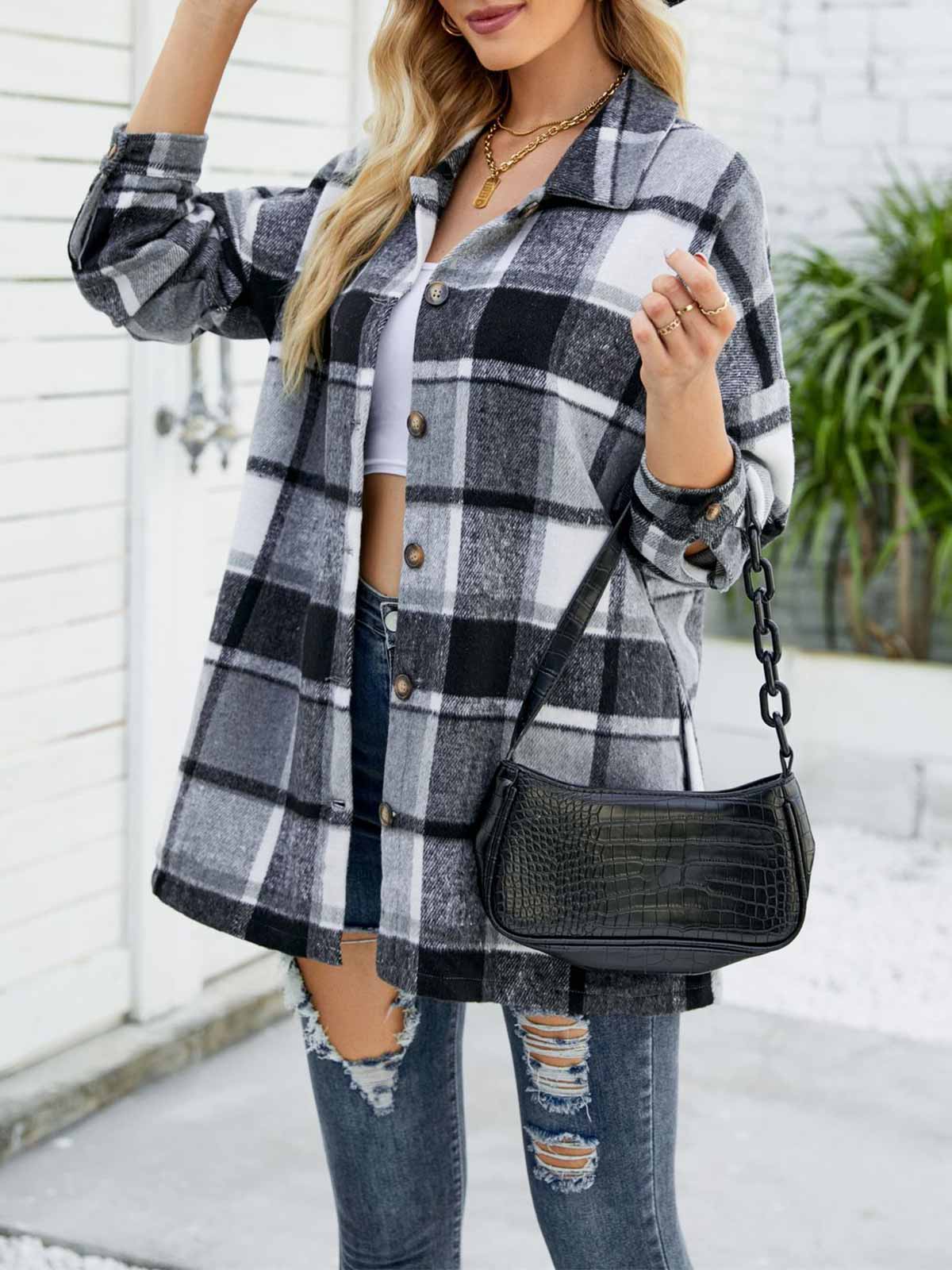 Wool Blend Plaid Button Down Jacket