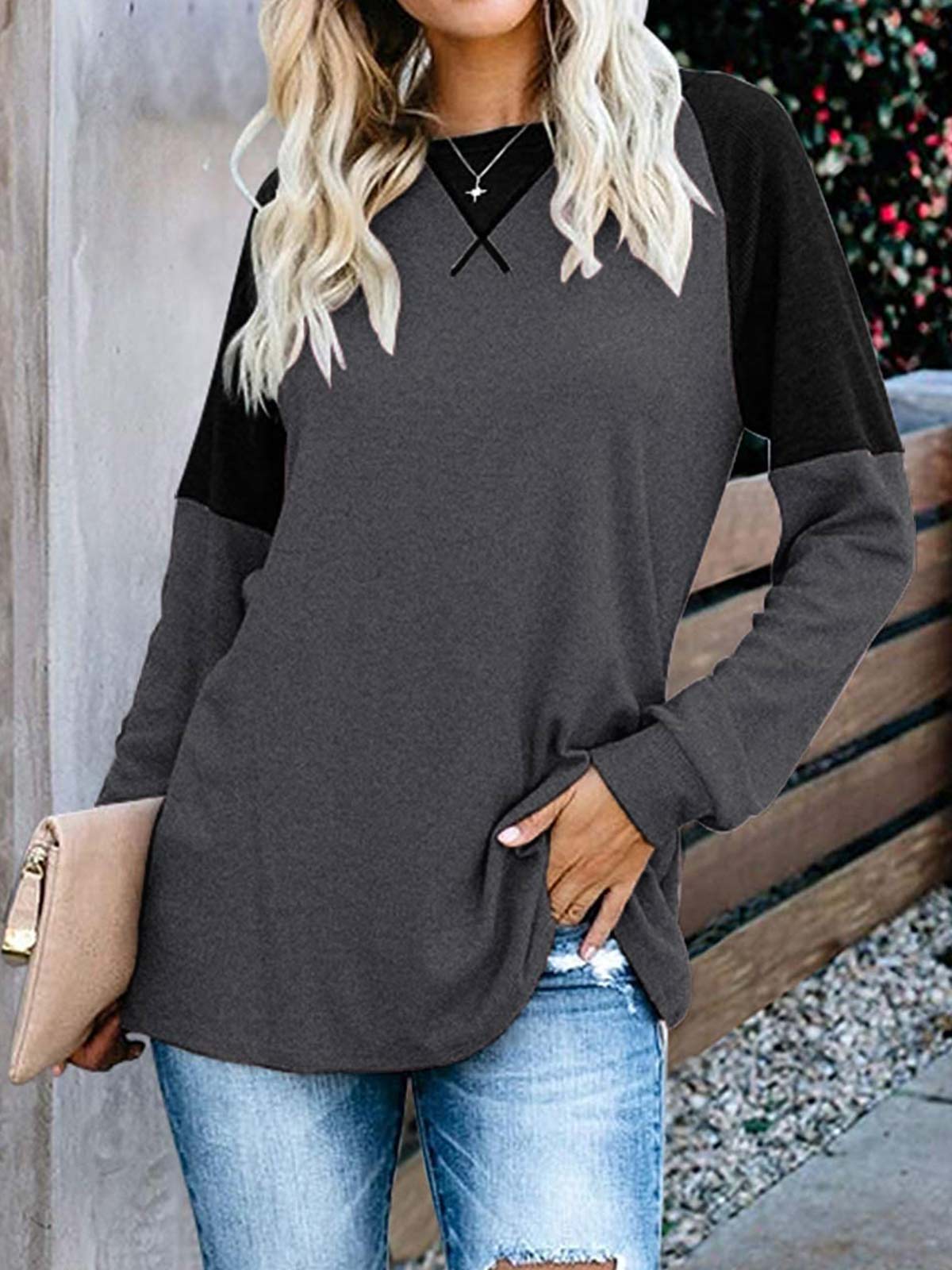 Khaki Colorblock Long Sleeve Tops