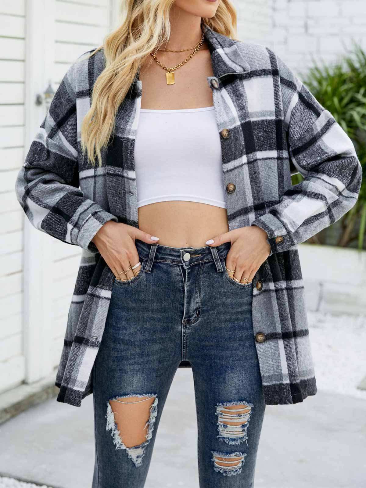 Wool Blend Plaid Button Down Jacket