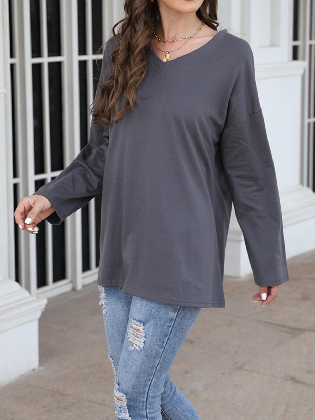 Casual V-neck Plain Tops