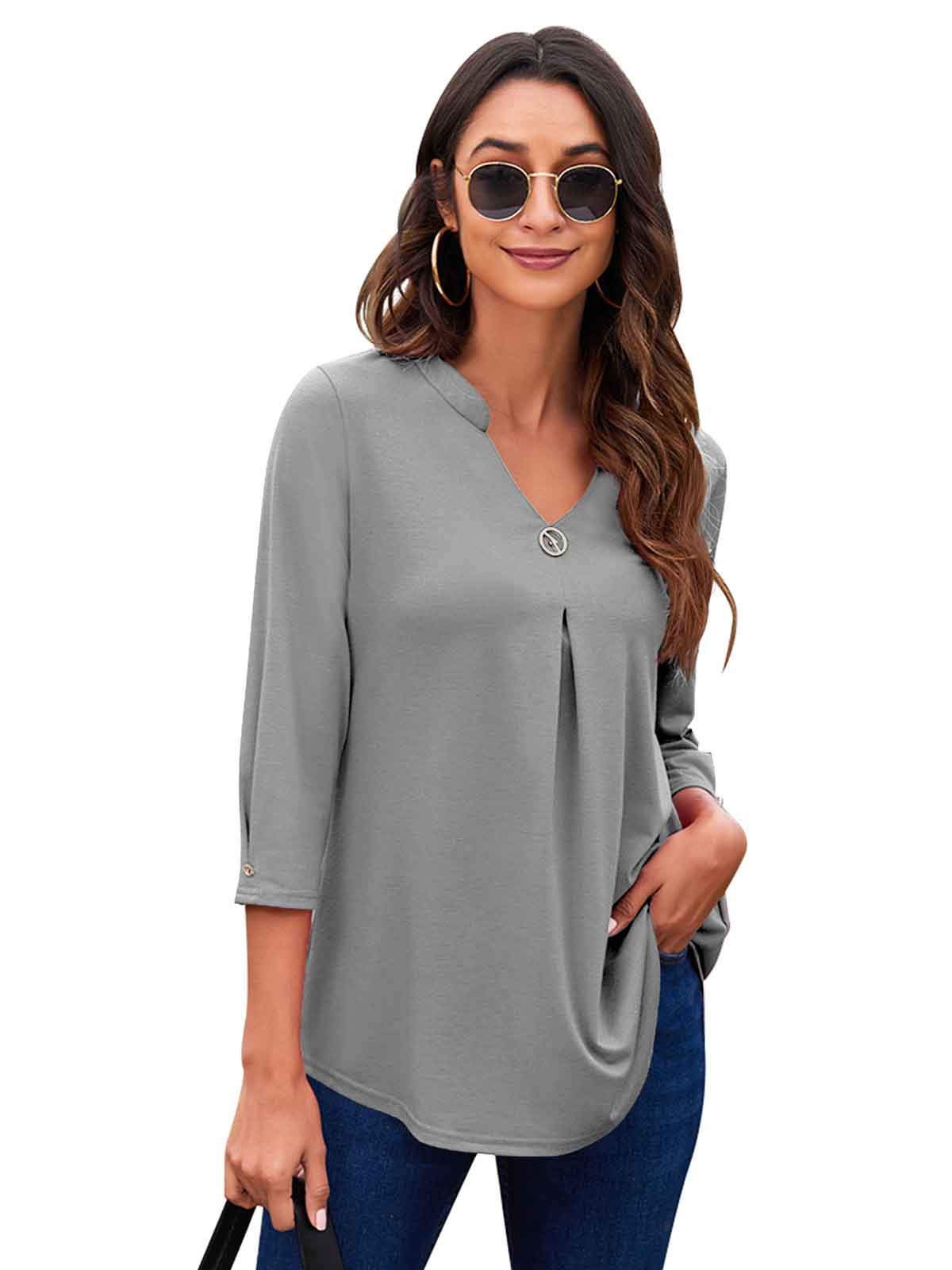 3/4 Sleeve Pleated Plain Tops