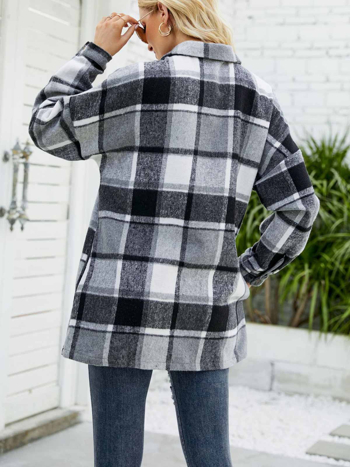 Wool Blend Plaid Button Down Jacket