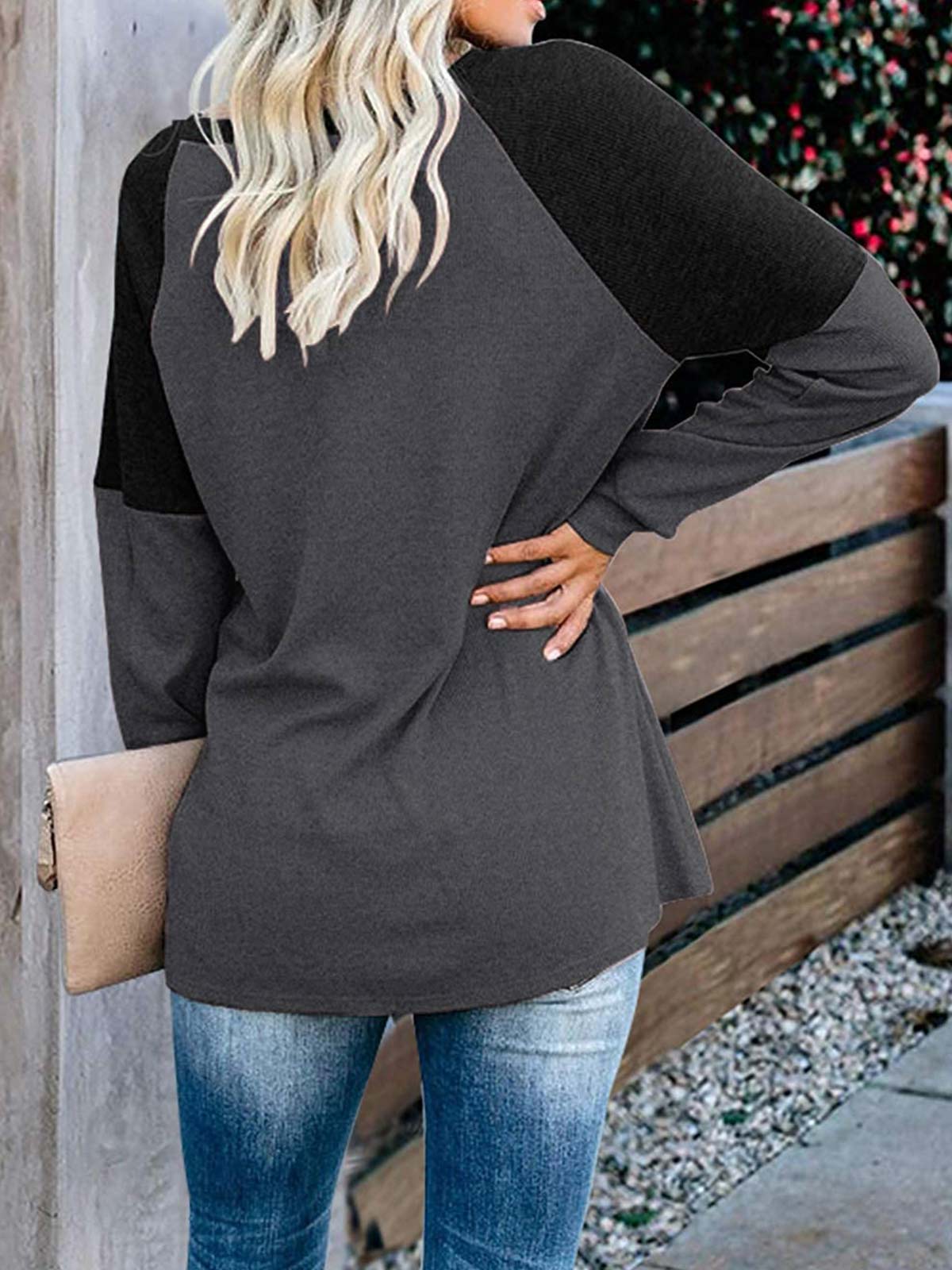 Khaki Colorblock Long Sleeve Tops