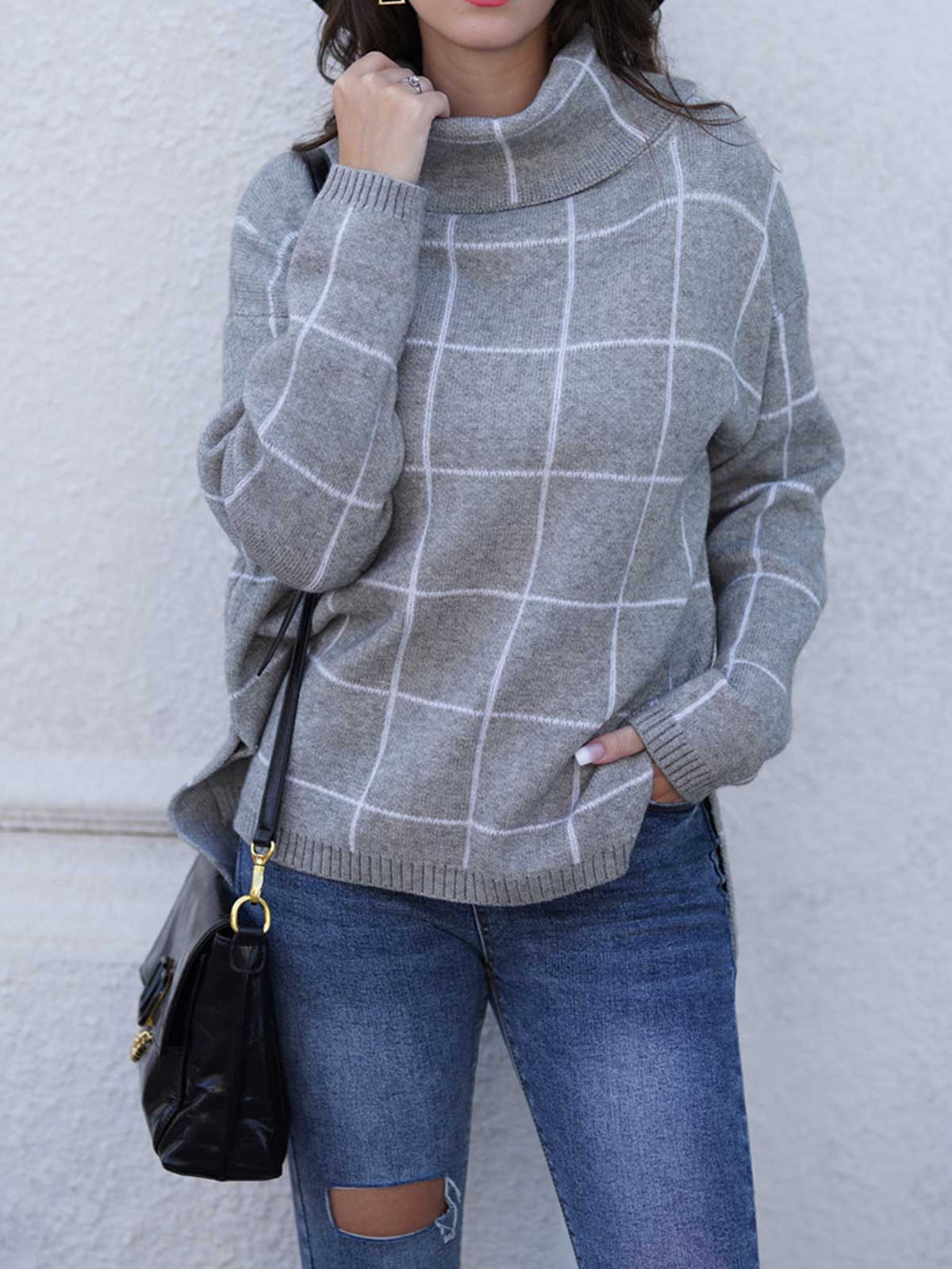 Turtleneck Slide Split Plaid Sweater