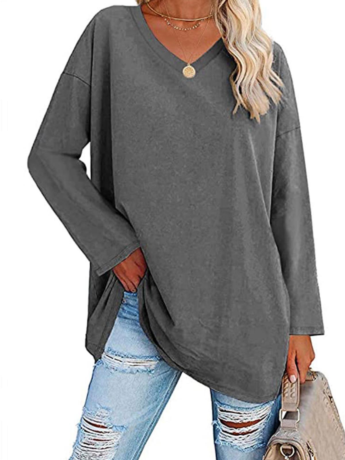 Casual V-neck Plain Tops