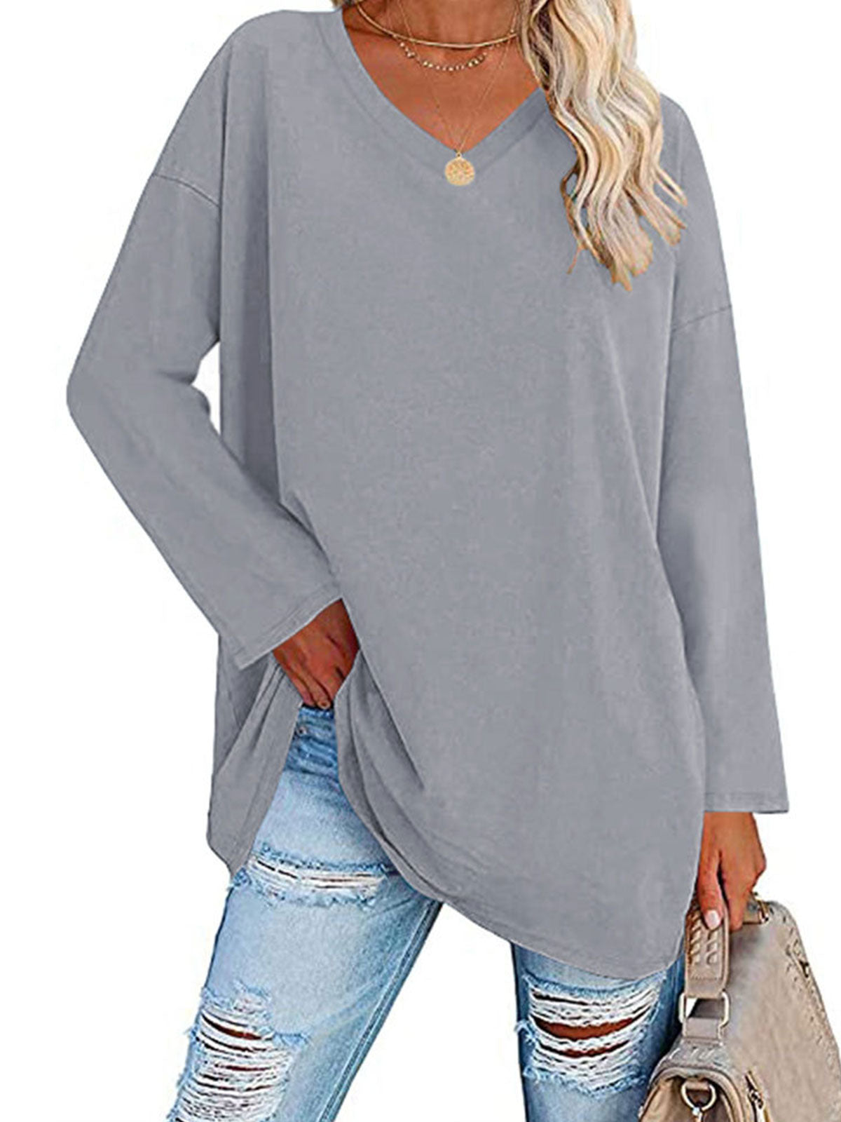 Casual V-neck Plain Tops