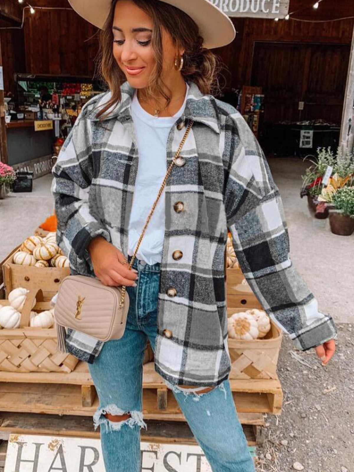 Wool Blend Plaid Button Down Jacket