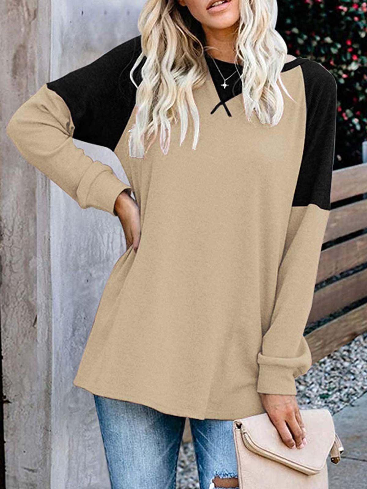 Khaki Colorblock Long Sleeve Tops