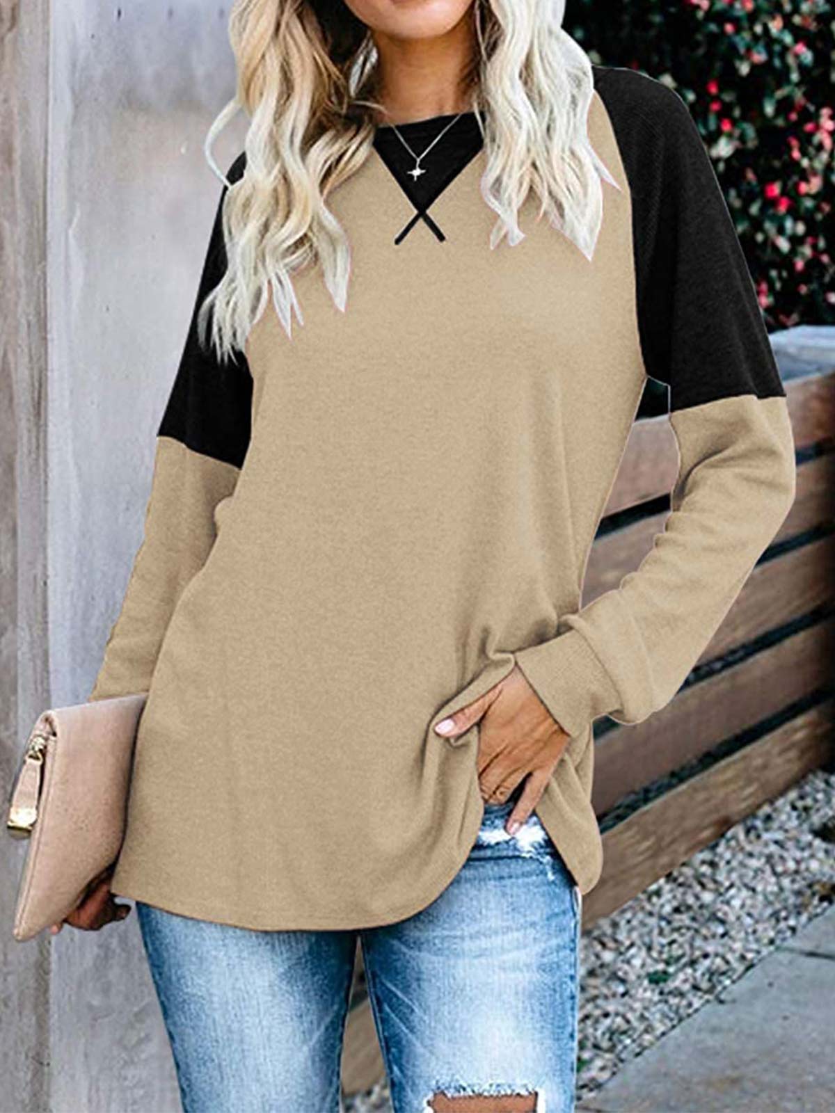 Khaki Colorblock Long Sleeve Tops