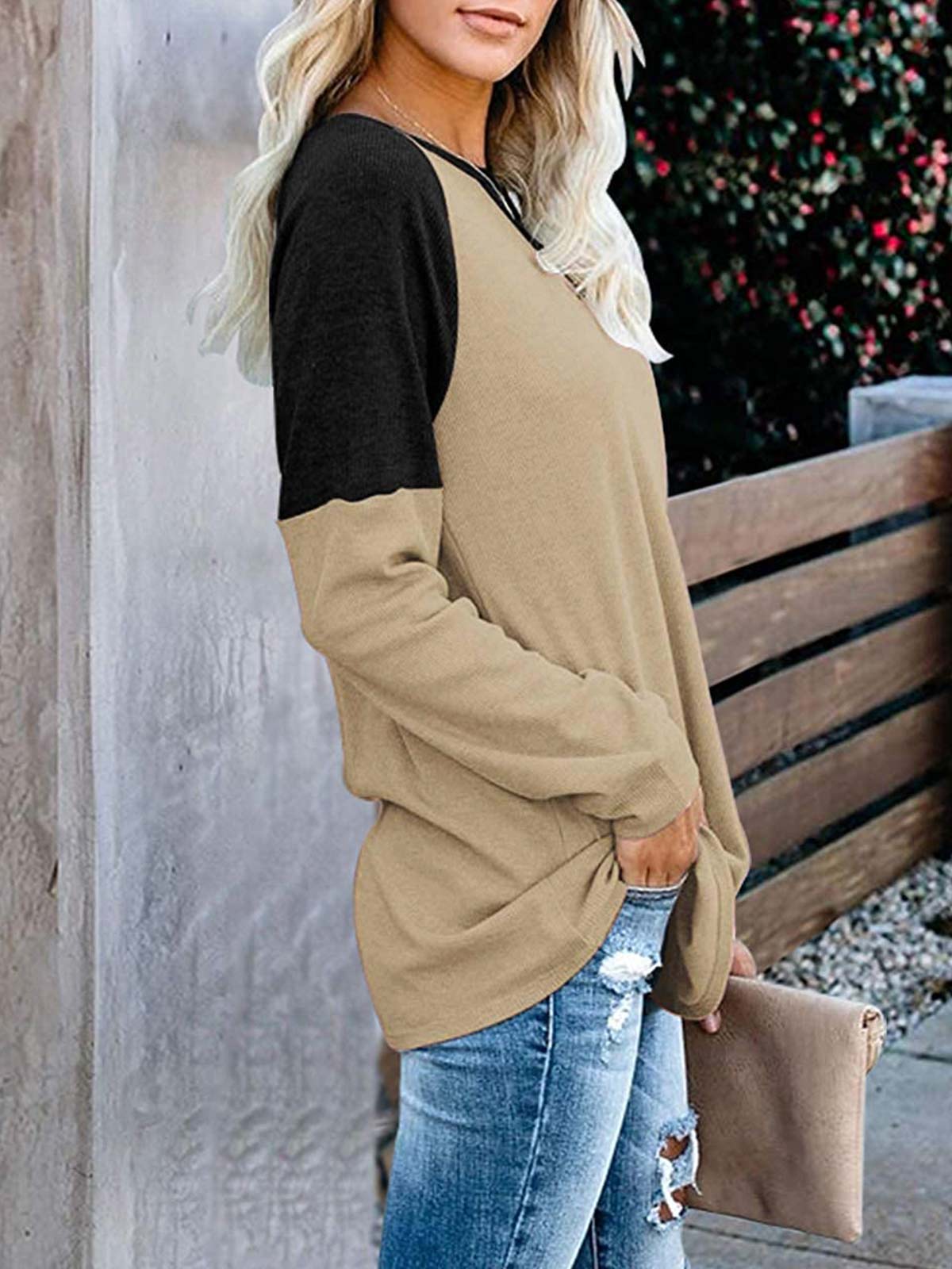 Khaki Colorblock Long Sleeve Tops