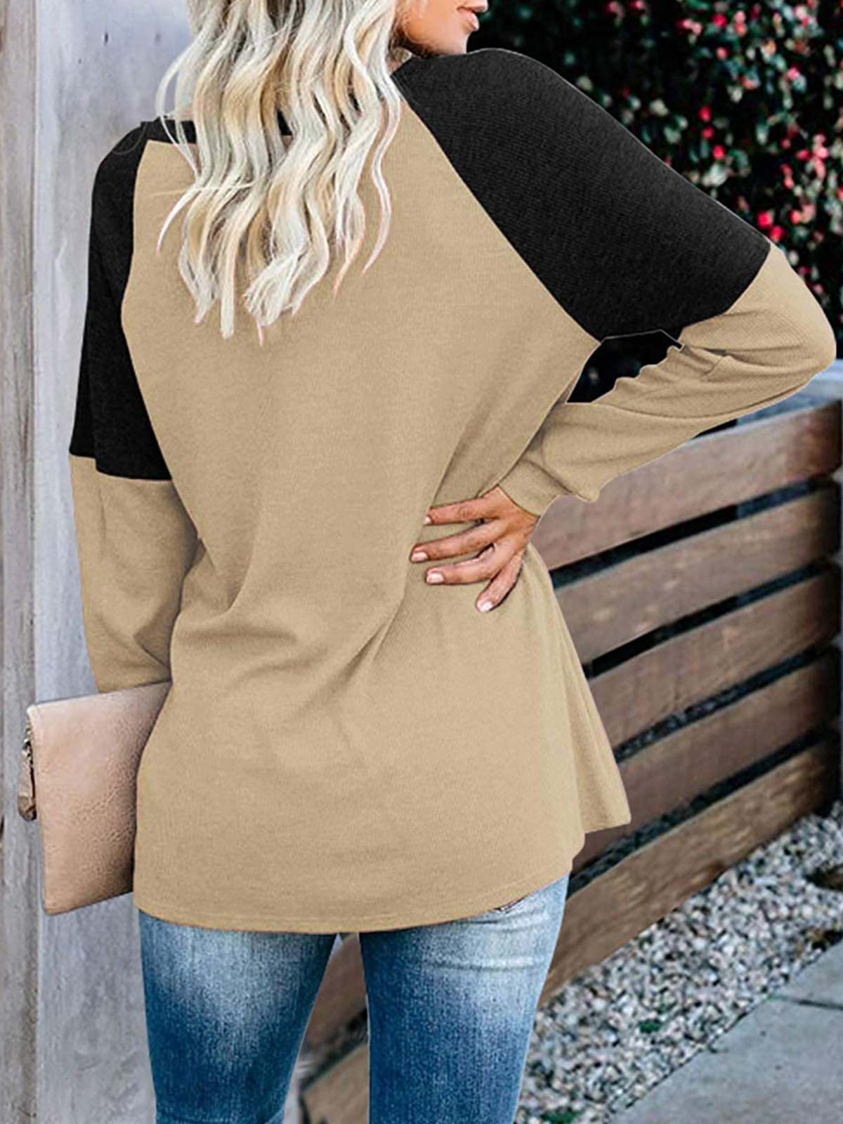 Khaki Colorblock Long Sleeve Tops