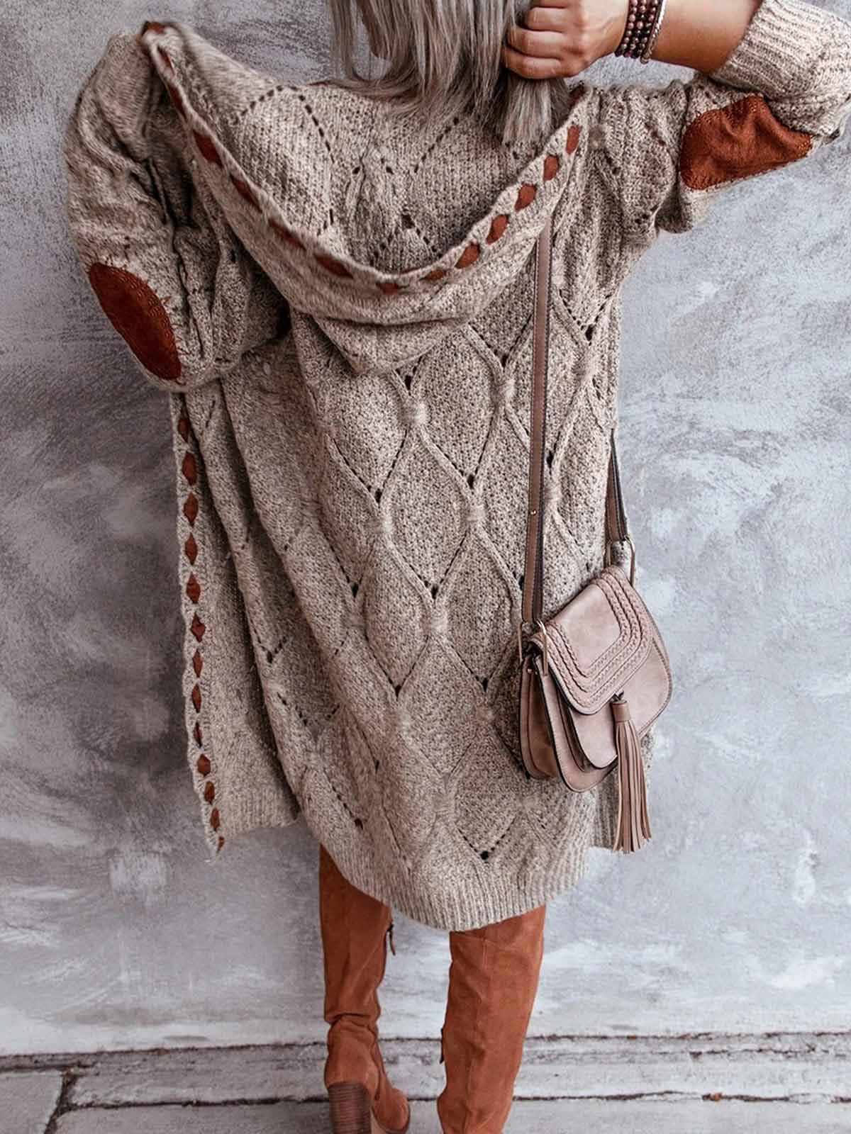 Diamond Elbow Patch Hooded Cardigan Sweater