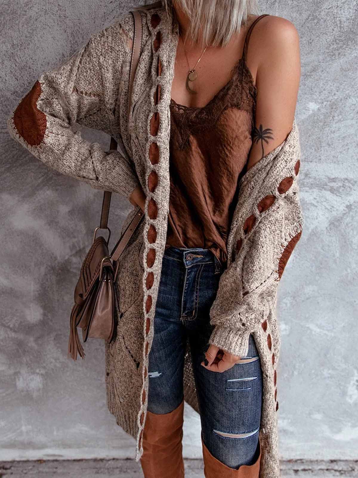 Diamond Elbow Patch Hooded Cardigan Sweater