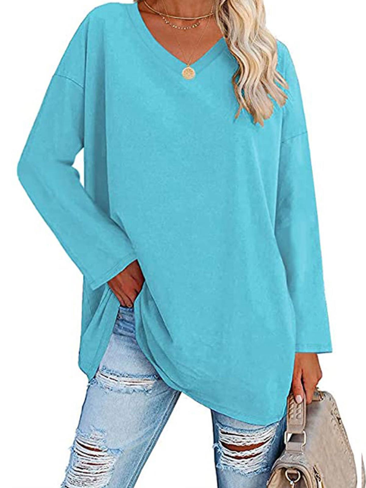 Casual V-neck Plain Tops