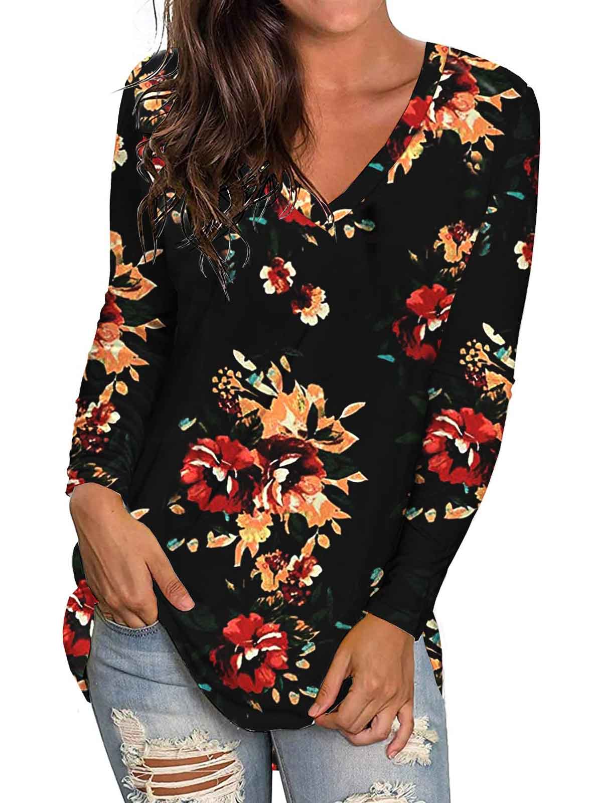 Floral Print V Neck Tops