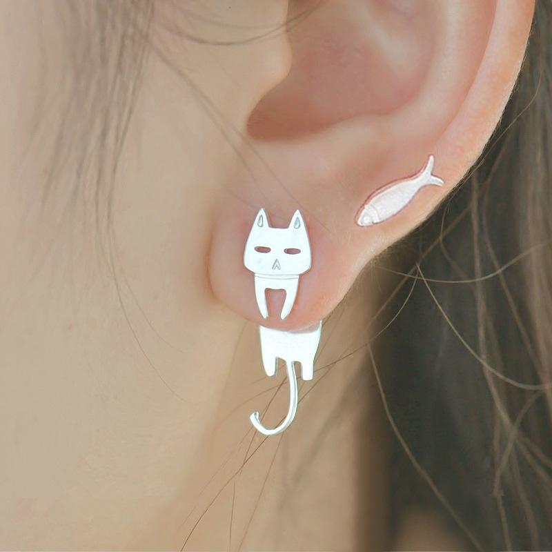 Cute Cat and Fish Stud Earrings