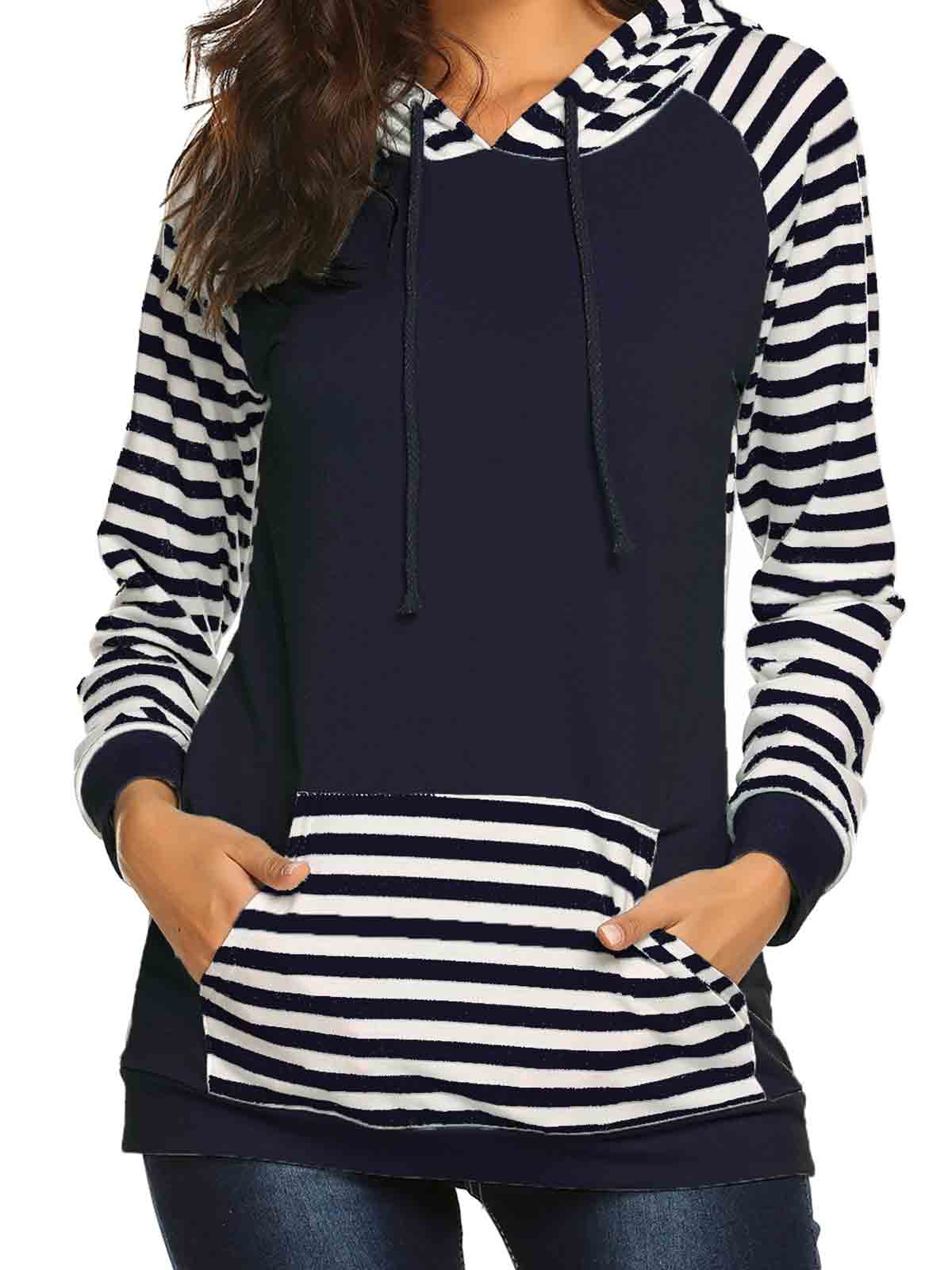 Striped Color Block Hoodie Sweatshirt with Pocket